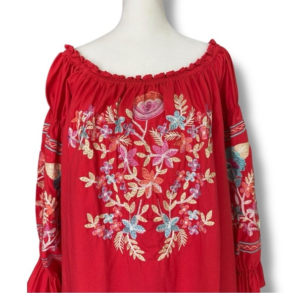 Free People Fleur Du Jour Floral Embroidered Red Off-Shoulder Mini Dress - Picture 6 of 16
